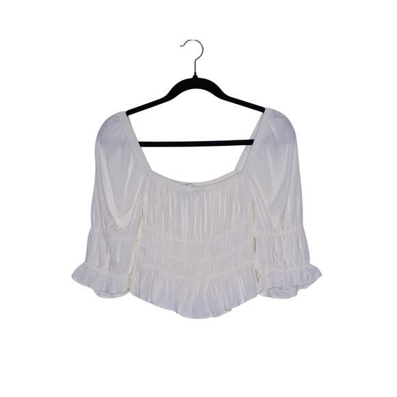 URBAN OUTFITTERS Kate Smocked Ruffle Blouse Ivory Cropped Top Women's XS - Picture 2 of 12